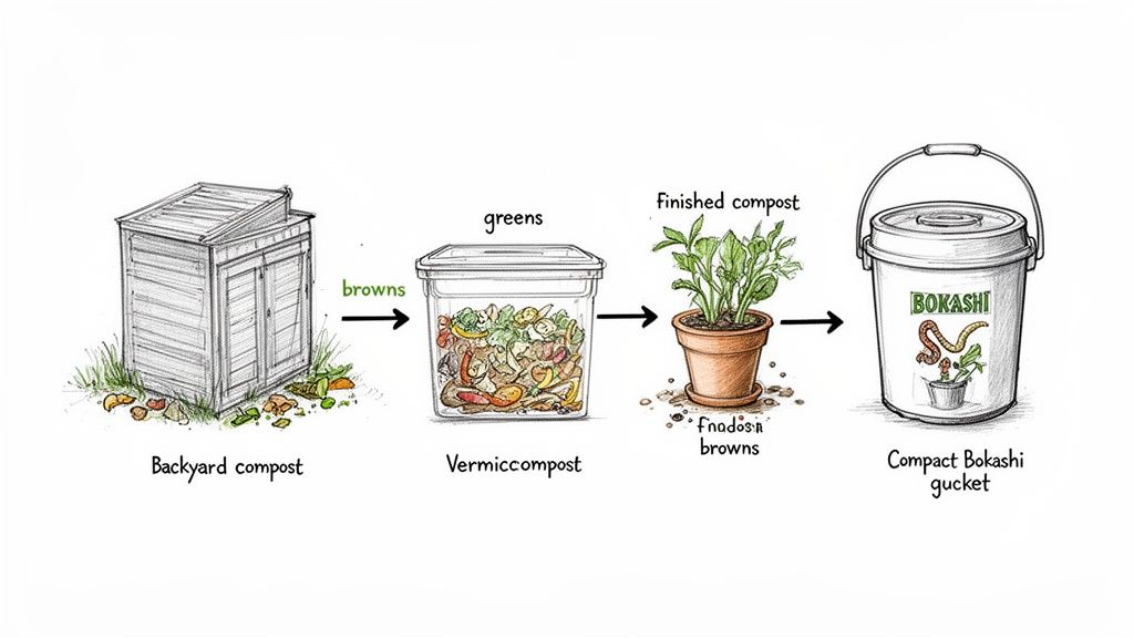 A diagram illustrating various composting methods: backyard, vermicompost, finished plant compost, and a Bokashi bucket.
