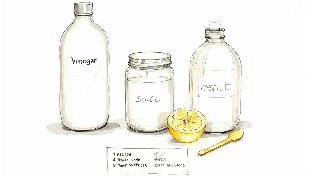 Natural cleaning supplies including vinegar bottle, baking soda jar, castile soap, and fresh lemon slices