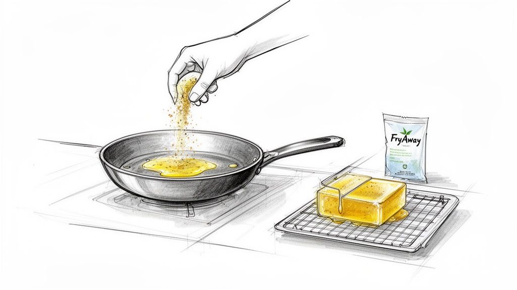 A hand sprinkles FryAway powder into a frying pan with oil, next to solidified cooking oil.