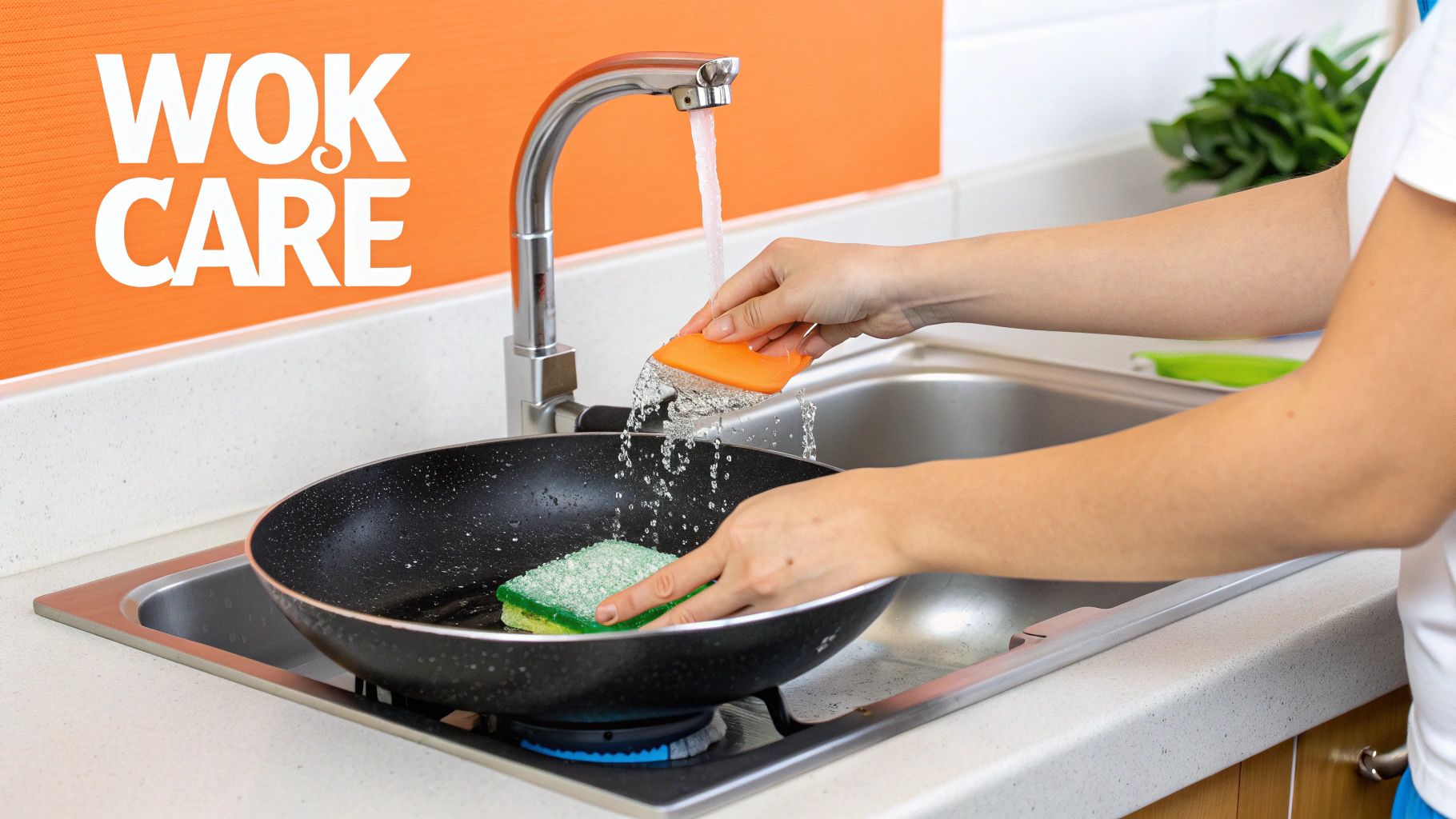 A person gently washing a non-stick wok in a sink.