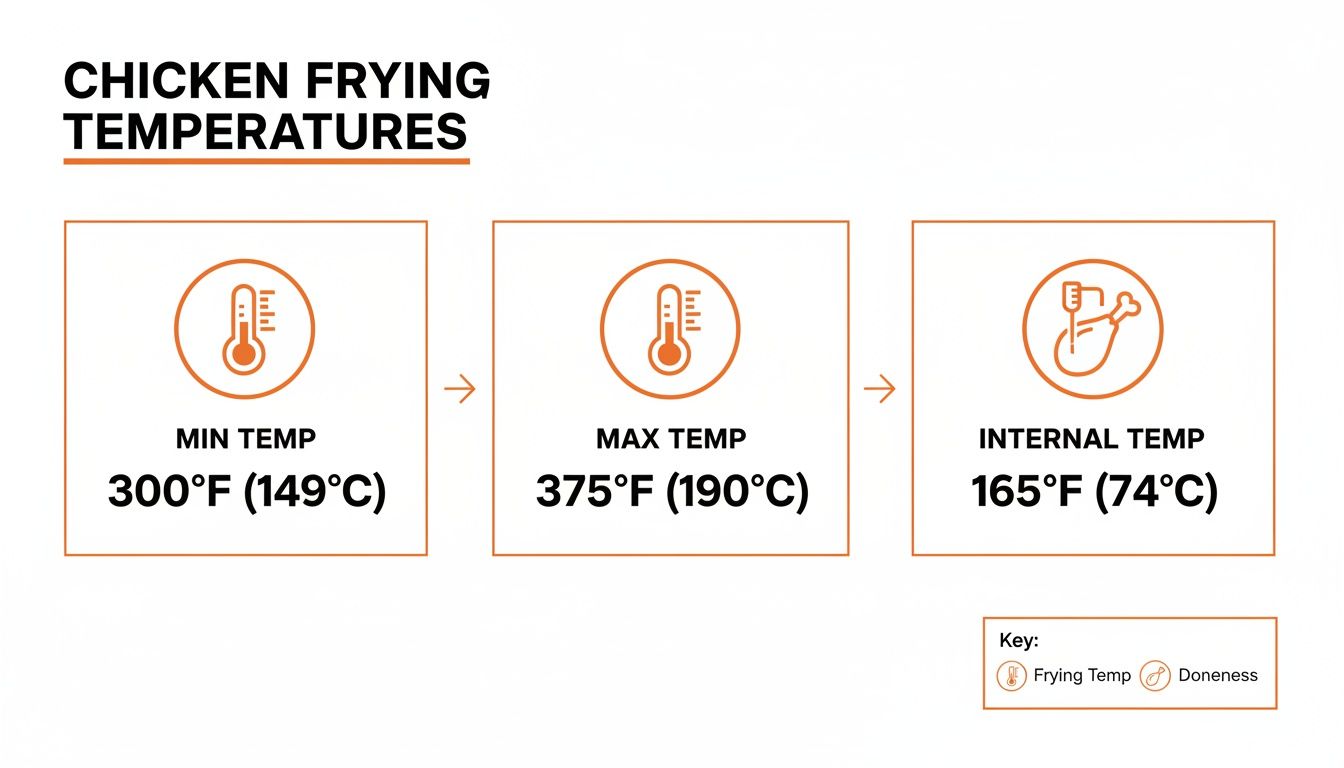 Infographic details chicken frying temperatures: minimum 300°F, maximum 375°F, and internal doneness temperature 165°F.