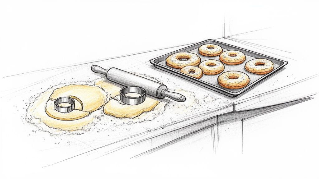 An illustration of donut making, showing dough, a rolling pin, cutters, and a tray of uncooked donuts.