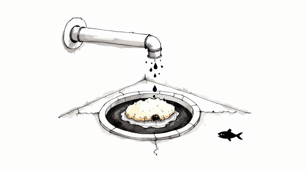 A clogged kitchen sink drain filled with dirty water and food waste.