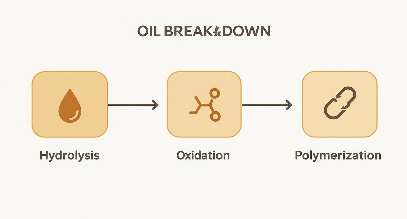 Oil breakdown infographic showing three stages: hydrolysis, oxidation, and polymerization with icons
