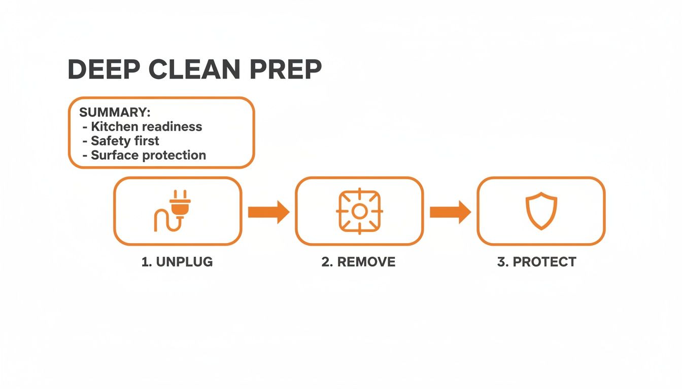 Visual guide outlining three steps for deep cleaning prep: unplug, remove parts, and protect surfaces.