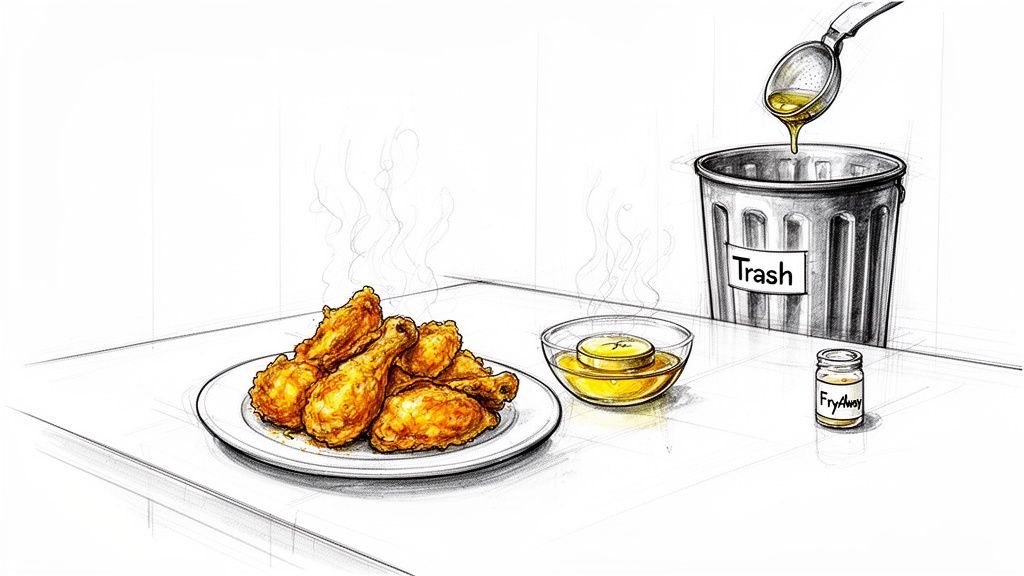 Illustration showing fried chicken, used cooking oil being disposed of into a trash can.