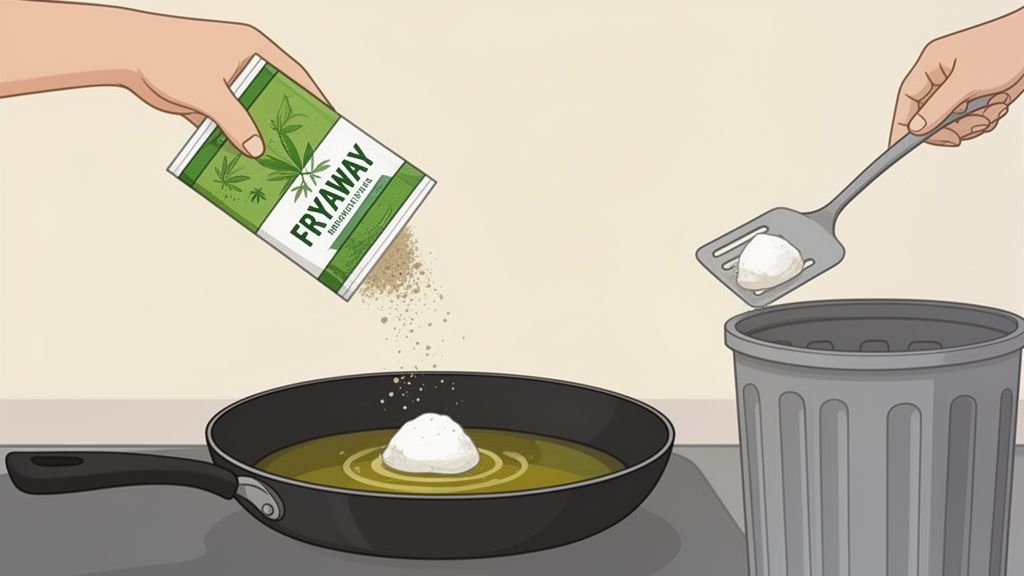 Hands demonstrating the use of Fryaway powder to solidify cooking oil for safe disposal, contrasting with discarding into a trash can.