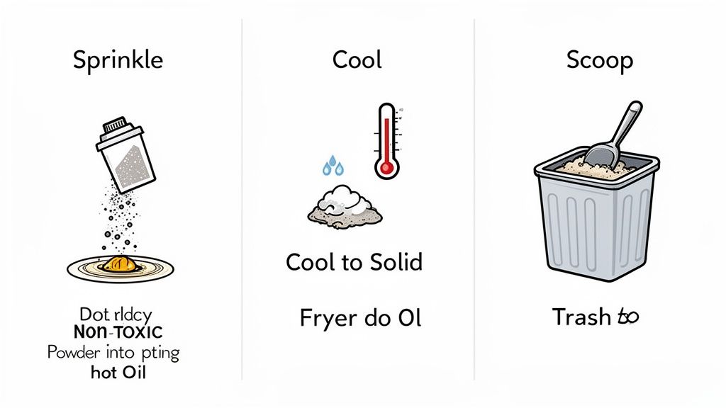 Three panels show solidifying cooking oil with powder, cooling it, and scooping for disposal.