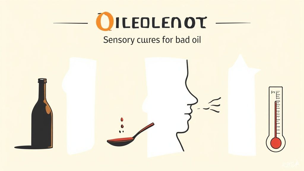 Infographic illustrating sensory methods for assessing the quality and detecting defects in cooking oil, including visual, taste, and temperature checks.