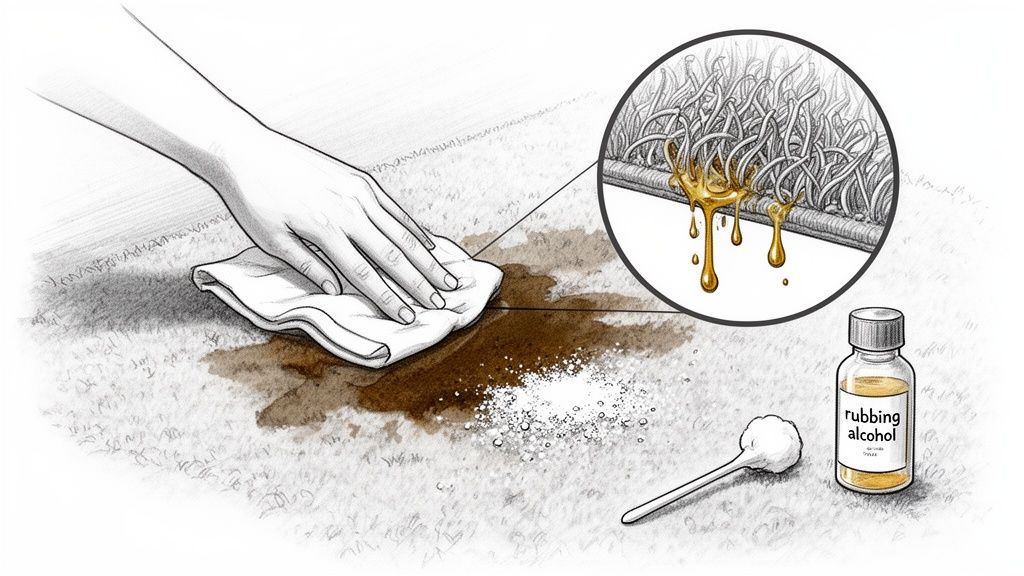 A hand dabbing a brown spill on a carpet with a cloth, with rubbing alcohol nearby.