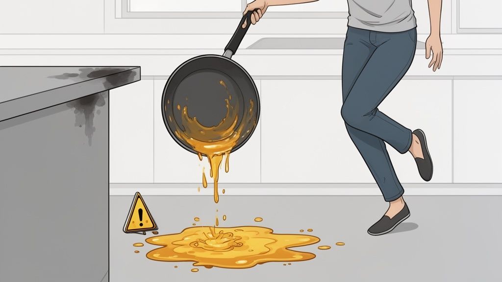 A person accidentally spills cooking grease from a frying pan onto a kitchen floor, creating a slippery mess with a warning sign.