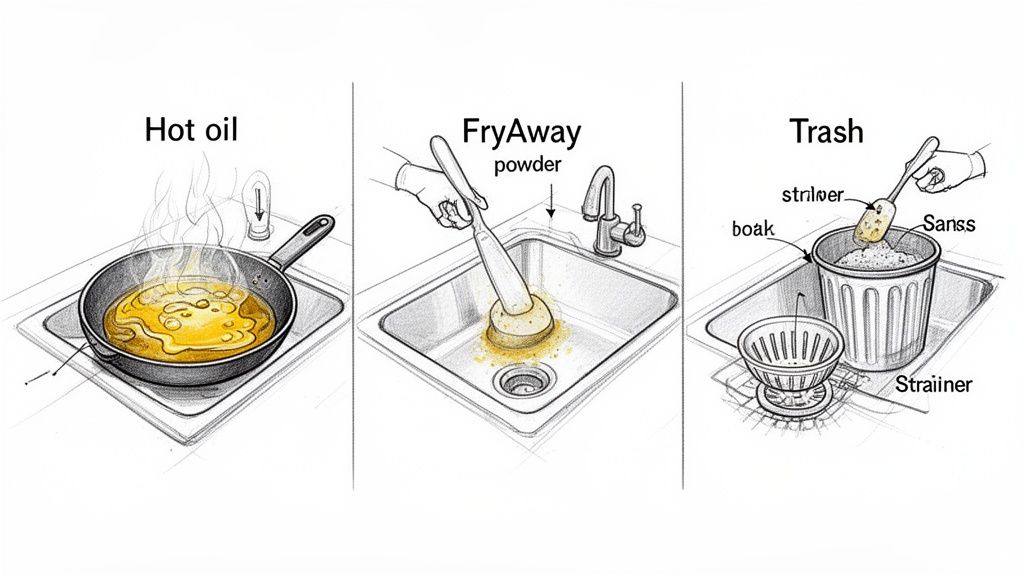 Illustrated steps show how to dispose of hot oil by solidifying it with powder and discarding it in trash.
