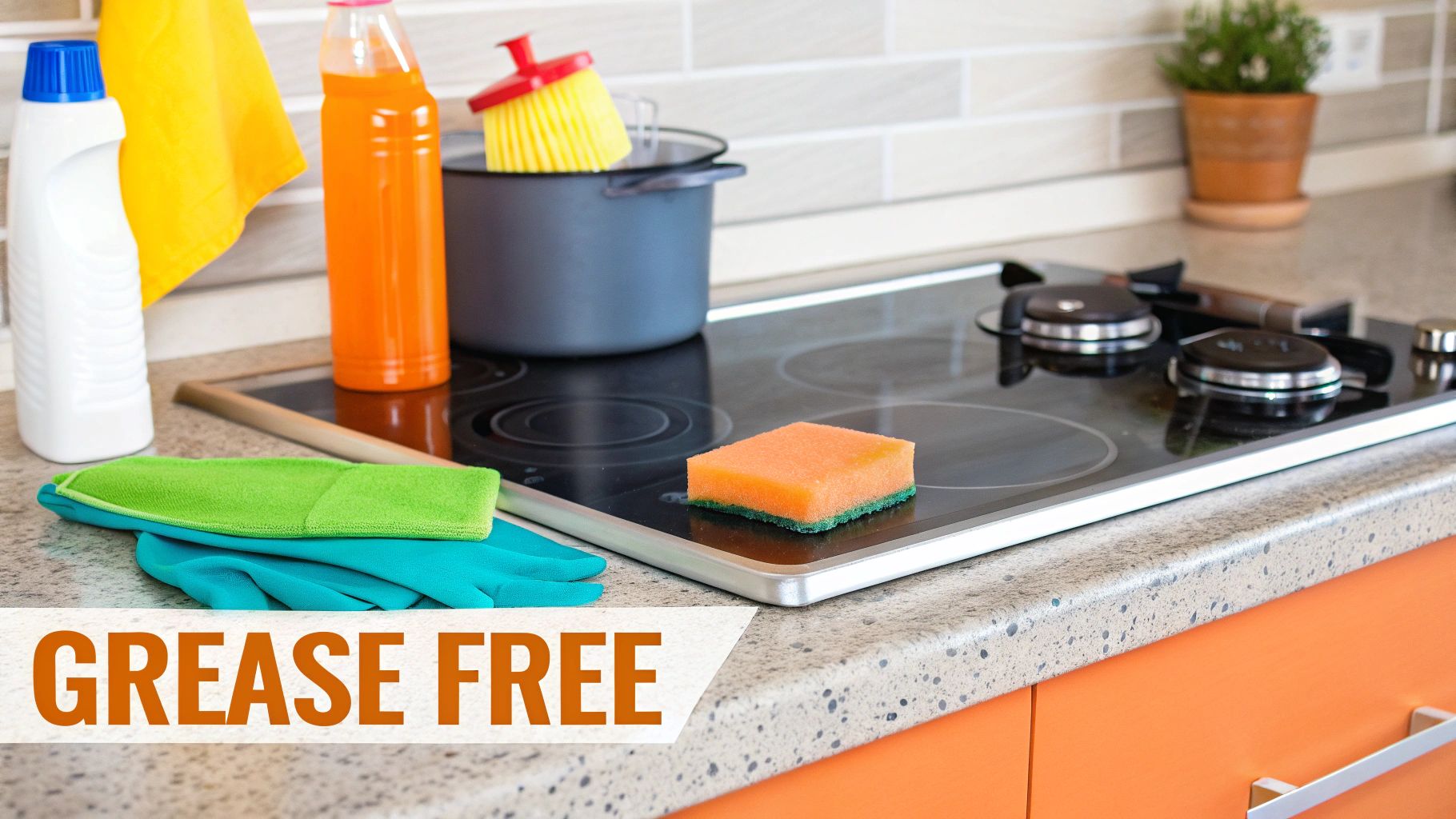 A person sprinkling FryAway powder into a pan of hot oil with fried food.