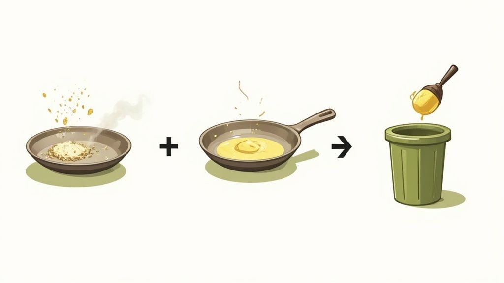 Illustration of used cooking oil disposal: food scraps combined with hot oil, then discarded in a trash can.
