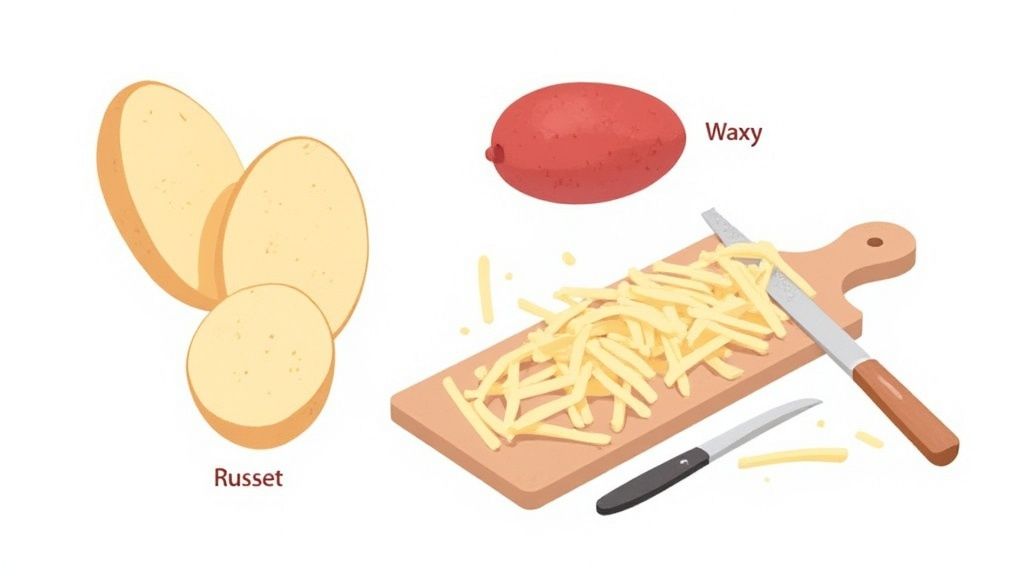 Illustration showing Russet and Waxy potatoes, with julienned potatoes on a cutting board, ready for french fries.