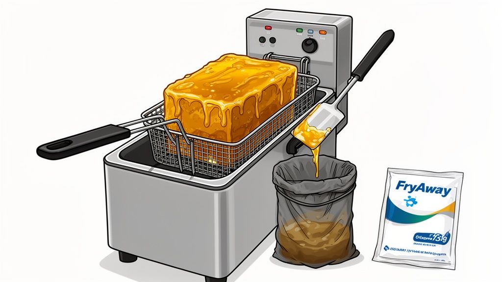 A deep fryer with solidified cooking oil in the basket, a spatula dripping oil into a trash bag, and a FryAway packet.