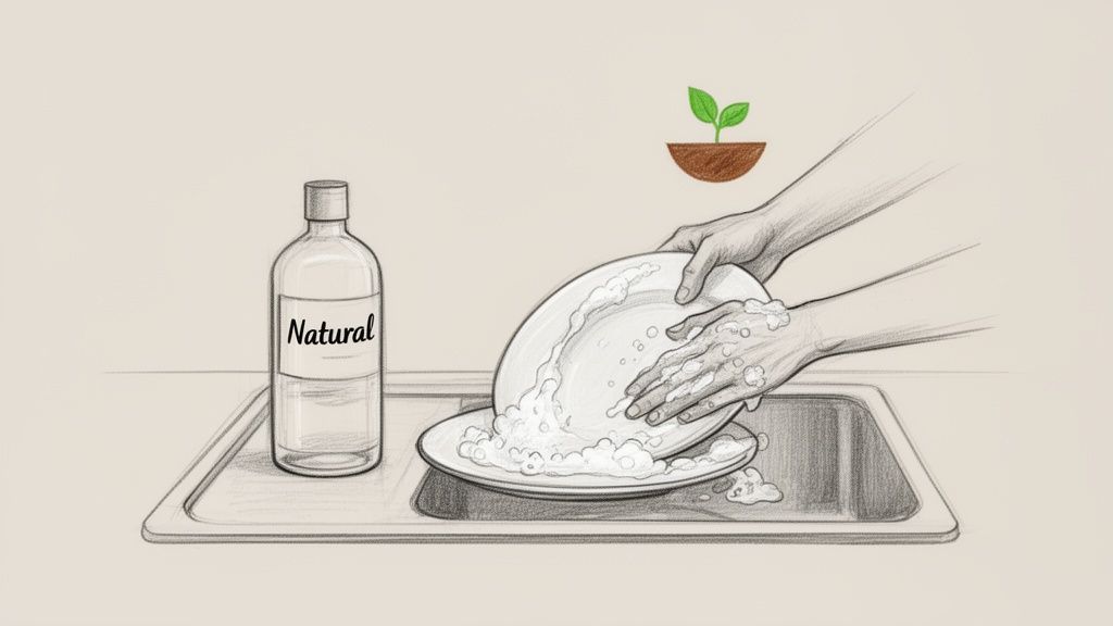 Hands washing dishes with natural dish soap next to a bottle and a plant icon.