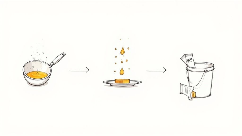 Illustration showing a three-step process of transforming liquid ingredients into solid sustainable products.