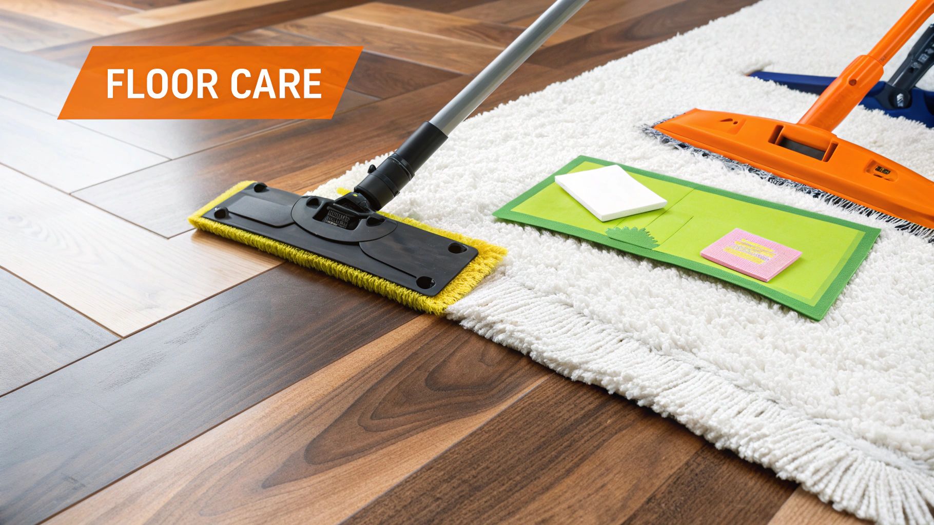 A person mopping a shiny, clean hardwood floor in a sunlit room.