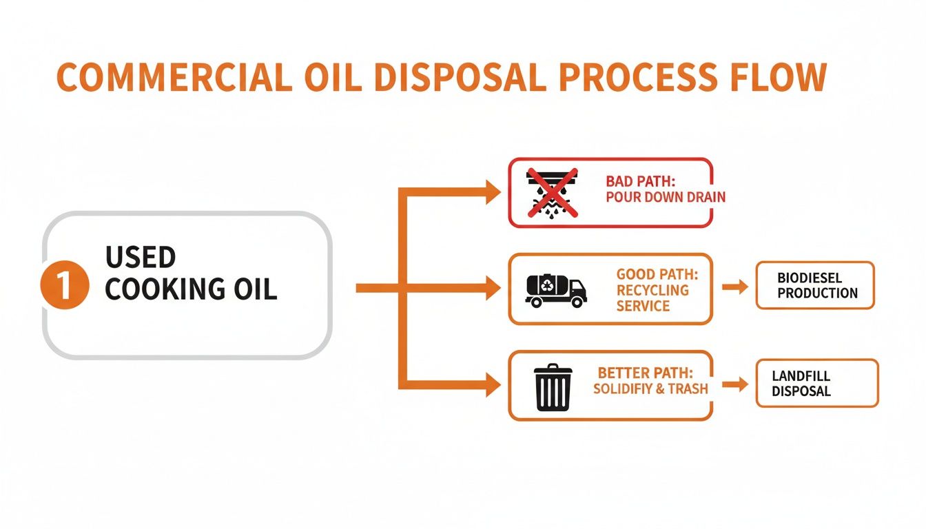 A flowchart illustrating the commercial oil disposal process, showing bad, good, and better paths for used cooking oil.