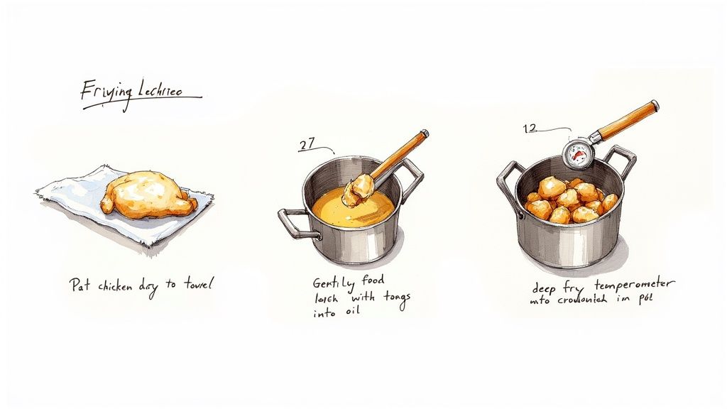 Three illustrated steps for frying: patting chicken dry, gently lowering food into oil, and using a deep-fry thermometer.