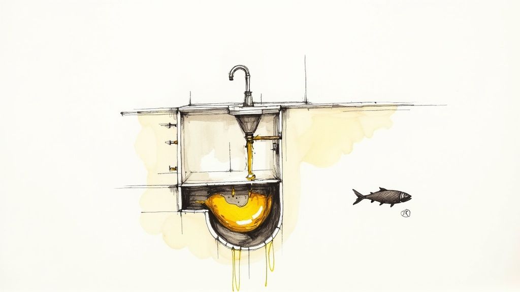 Hand-drawn sketch of a sink draining yellow oil into a pipe system, with a fish to the right.