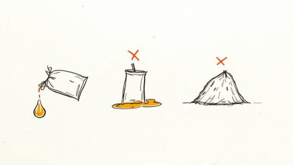 Illustration showing proper liquid waste disposal in a tied bag, contrasted with incorrect methods like spills and waste piles.