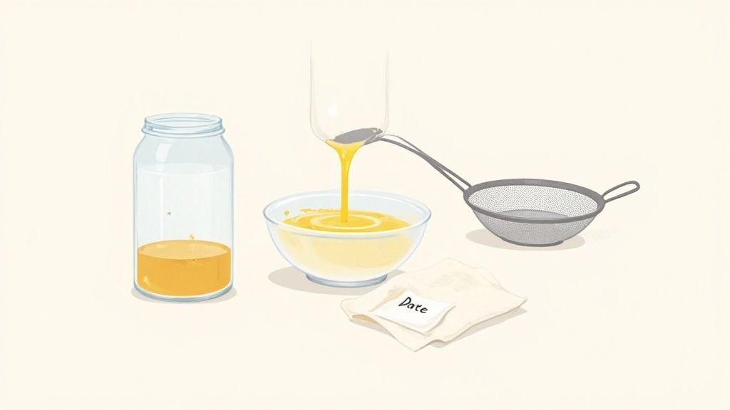 Process of straining golden liquid from a jar into a bowl with a sieve.