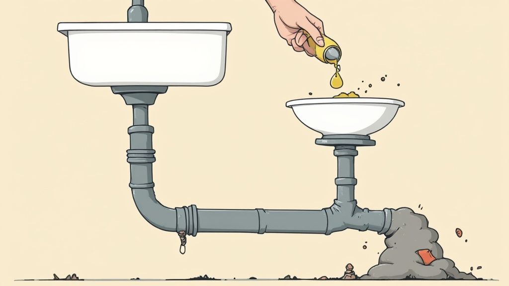 Illustration showing a hand pouring cooking oil into a kitchen drain, causing a large pipe blockage.