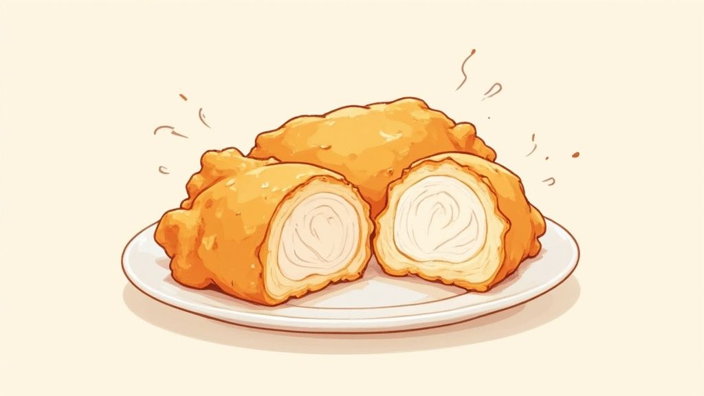 An illustration of three golden-brown fried chicken pieces on a plate, two cut open to reveal the white meat.