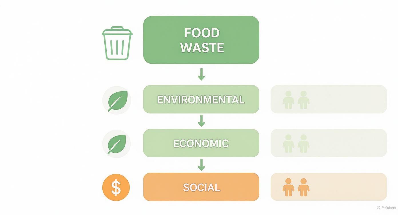 Flowchart showing food waste leading to environmental, economic, and social impacts with corresponding icons.
