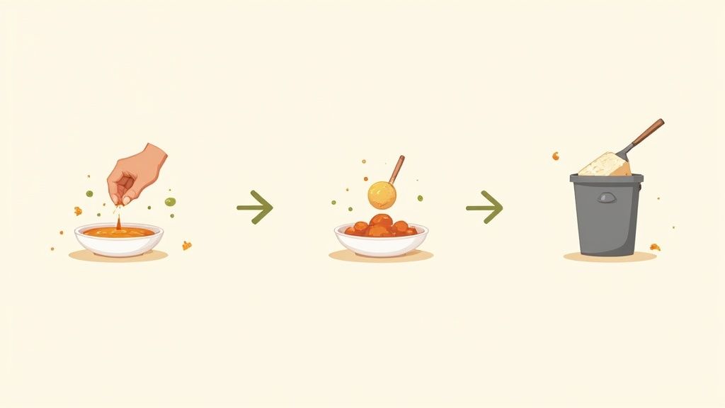 Three-step food process showing a hand seasoning soup, serving dessert, and a bucket with food scraps.