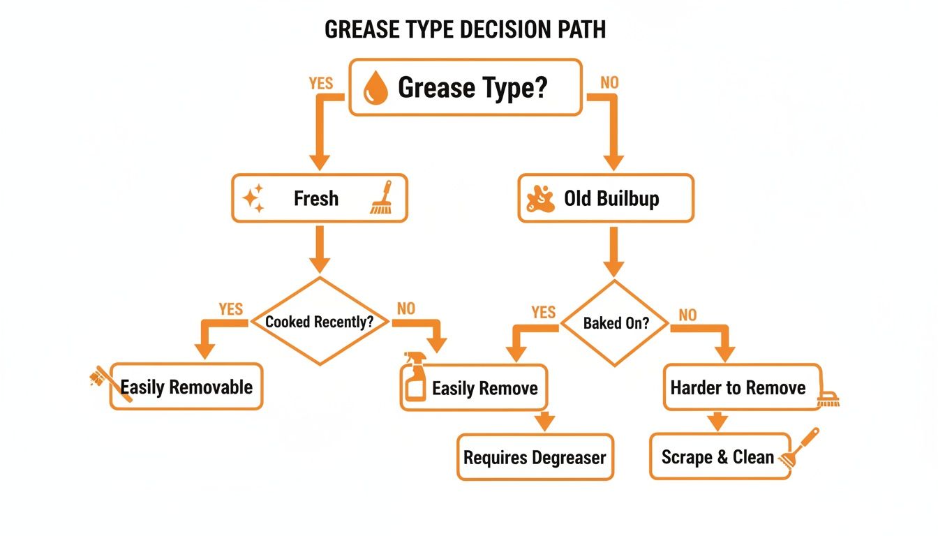 Flowchart detailing a decision path for cleaning different types of kitchen grease effectively.