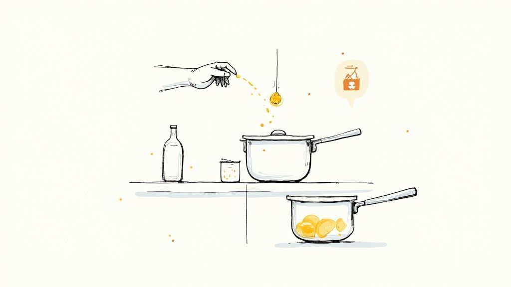 FryAway powder being sprinkled into a pan of used cooking oil.