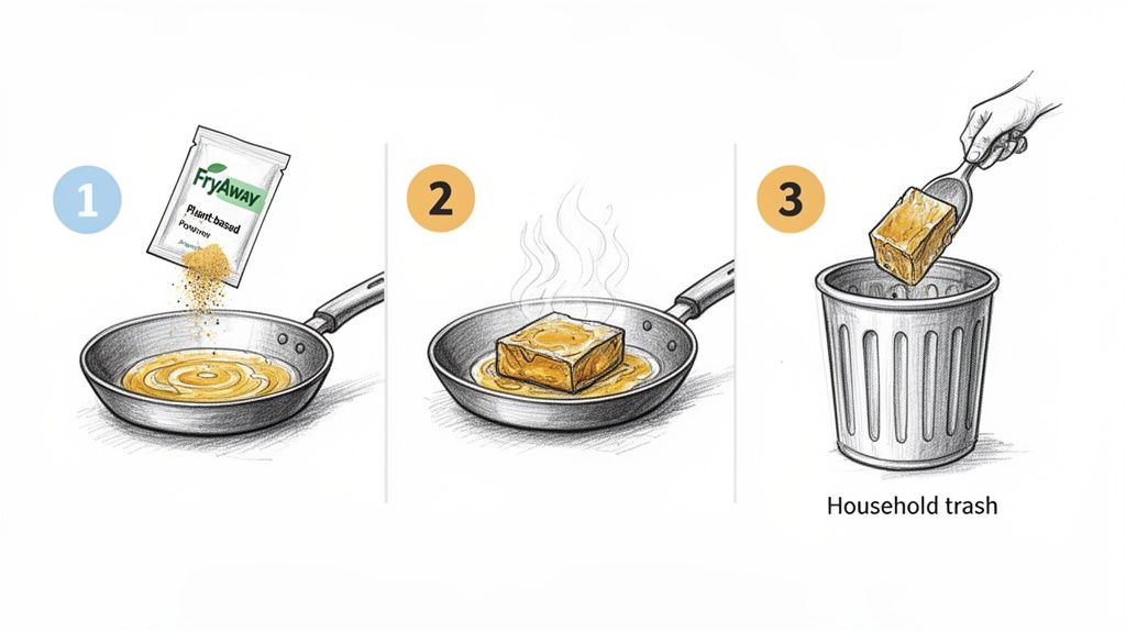 Three steps showing how to solidify cooking oil with FryAway powder for easy disposal.