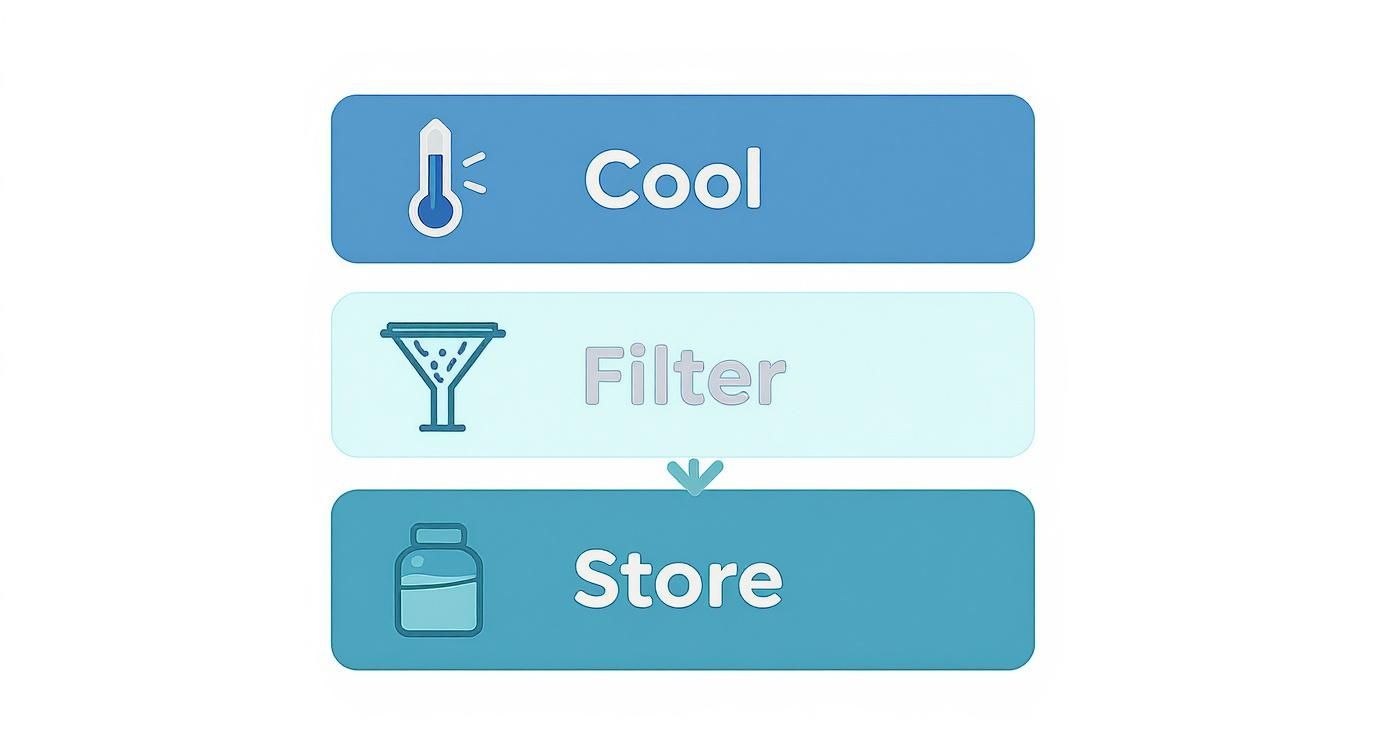 A three-step diagram showing a process: Cool with a thermometer, Filter with a funnel, and Store with a jar.