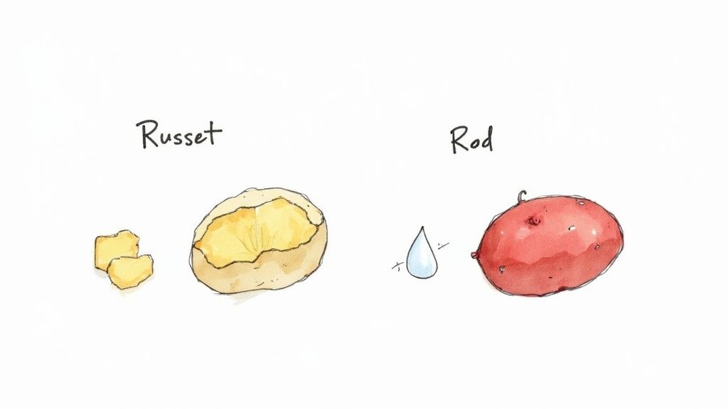 Watercolor illustration comparing russet potato and red potato varieties for making french fries