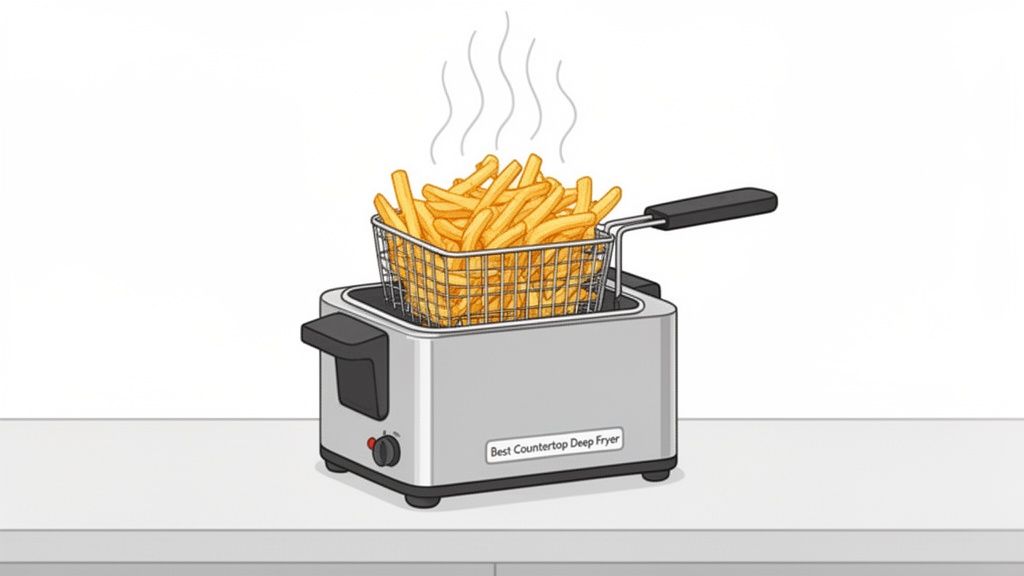 A countertop deep fryer with a basket filled with steaming, golden french fries.