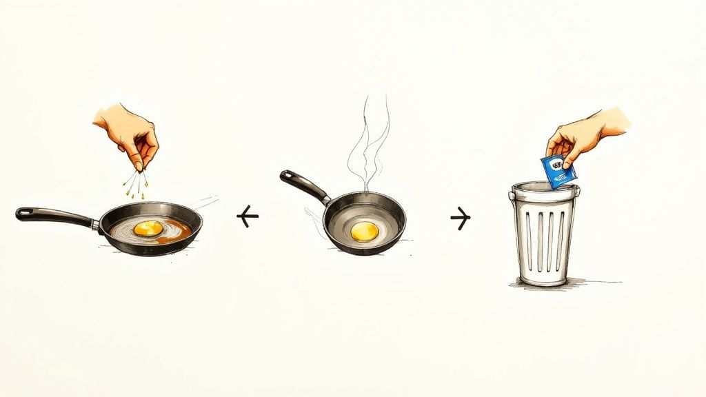 Illustration of a cooking sequence: adding items to oil in a pan, cooking an egg, and then discarding a packet into a trash bin.