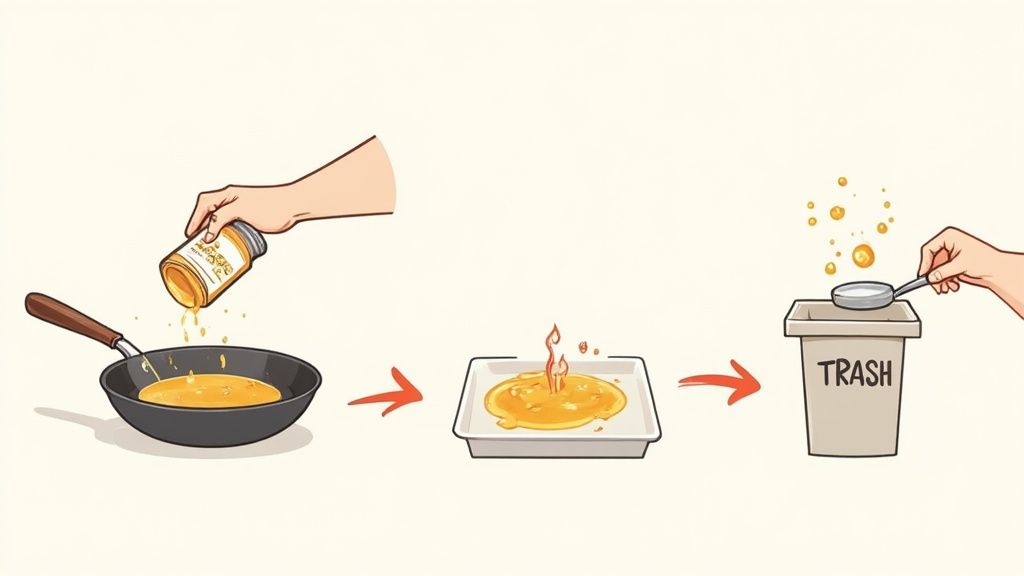 Three-step image showing pouring liquid into a pan, burning it, and then discarding it in a trash can.