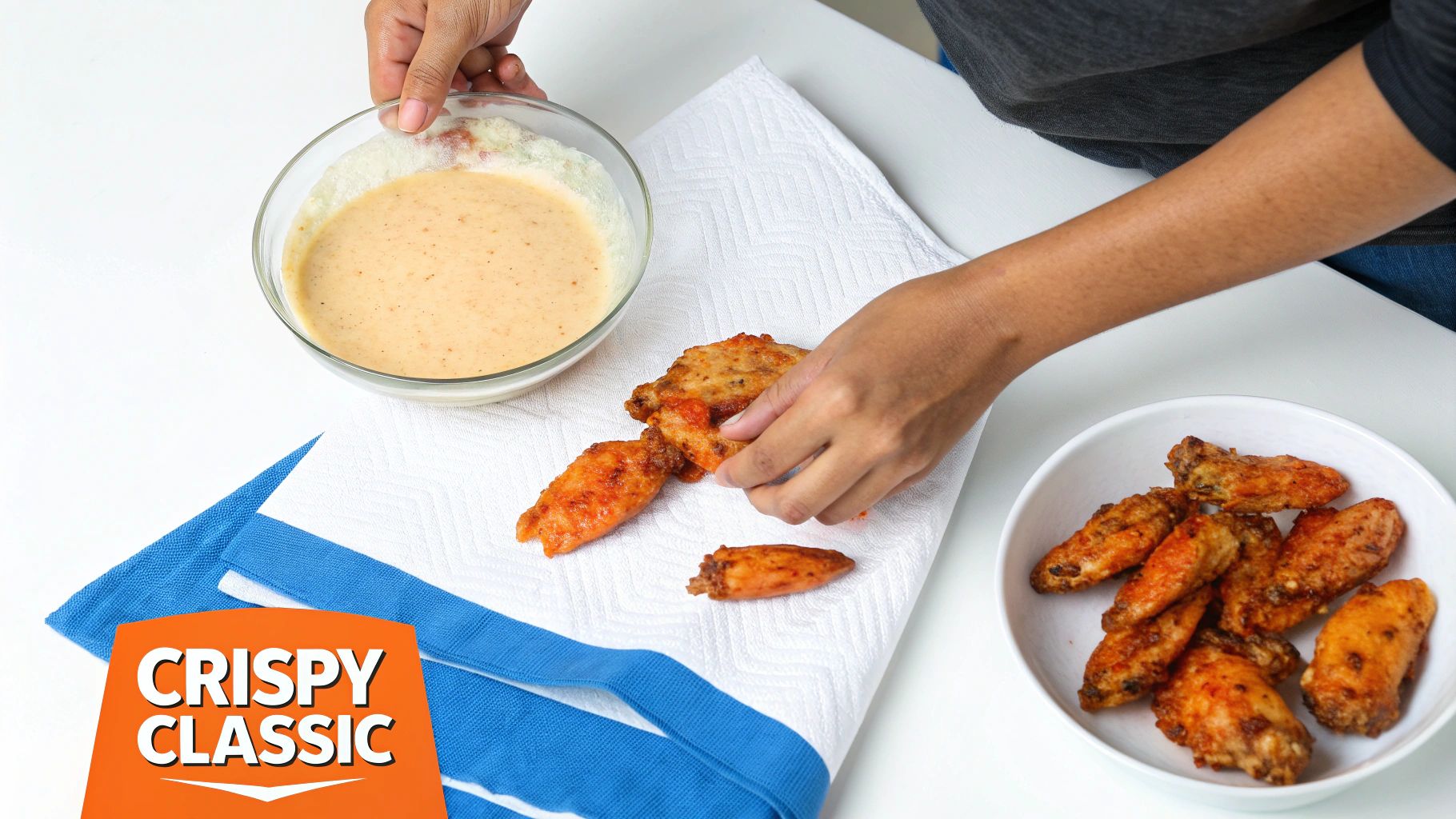 Three bowls of different batter variations for chicken wings.