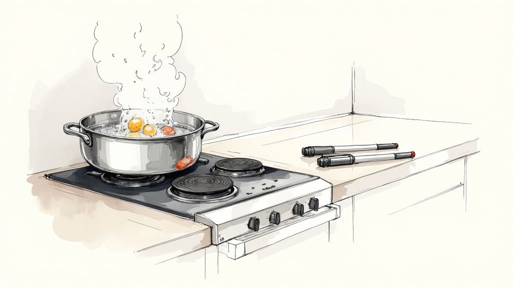 A silver pot vigorously boils over on an electric stove, with steam rising and food inside. Markers rest on the kitchen countertop.