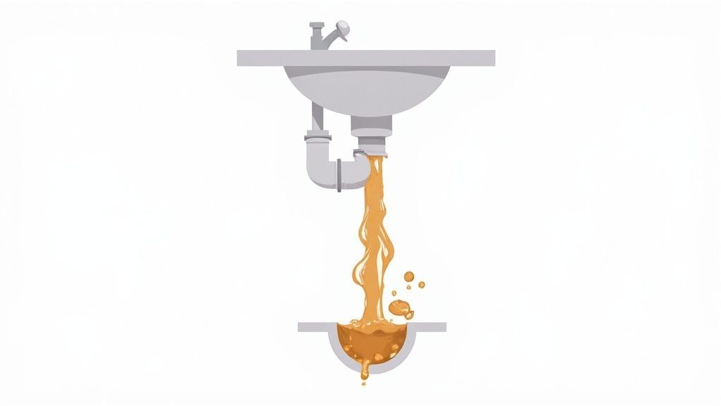 Brown grease or oil pouring from a sink drain into a clogged U-shaped pipe, causing a potential blockage.