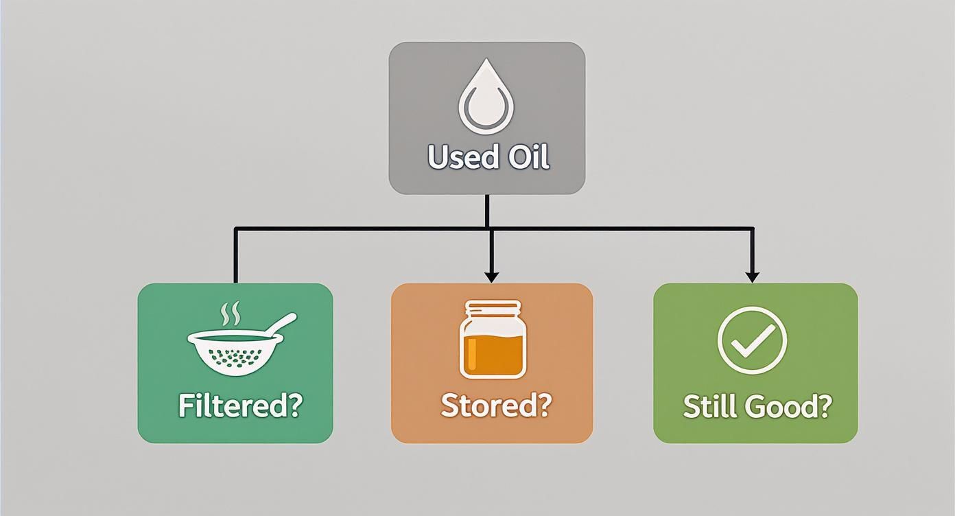 A flowchart showing options for used oil, including filtering, storing, and checking if it's still good.