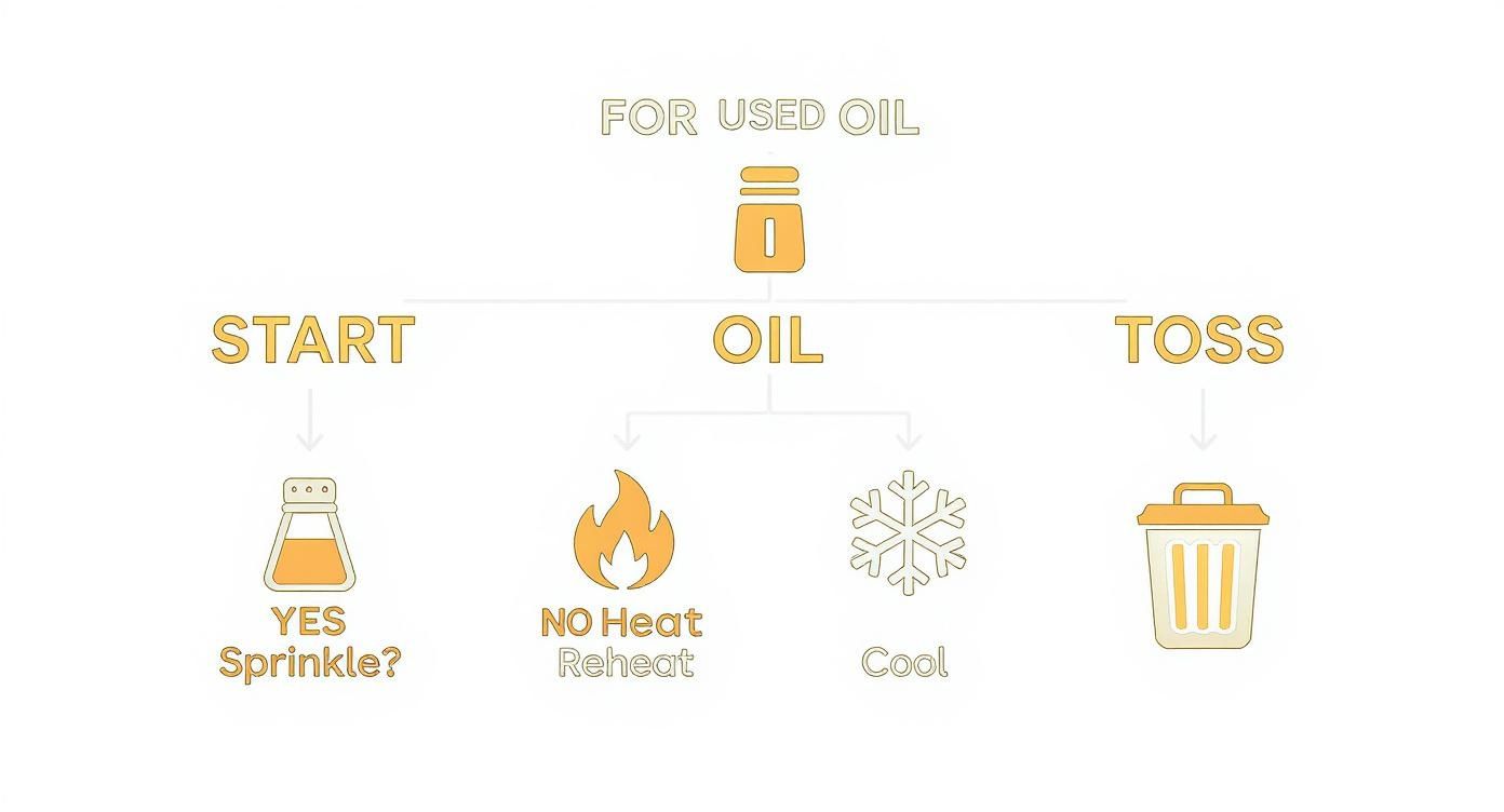 Infographic decision tree showing what to do with used oil based on whether it is hot or cold, leading to the steps of sprinkle, cool, and toss.
