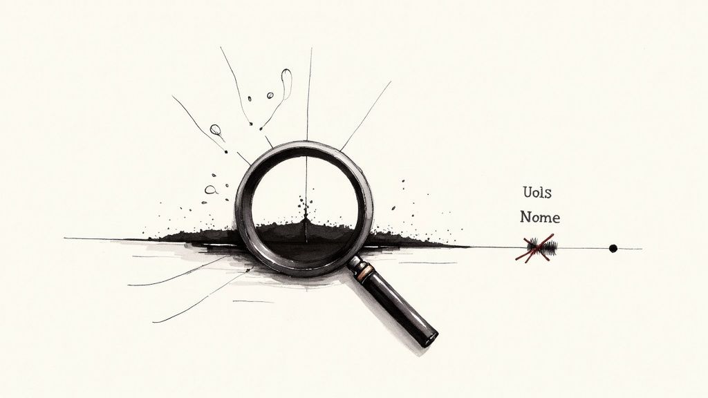 A hand pointing to a pan with dark, used cooking oil on a stove.