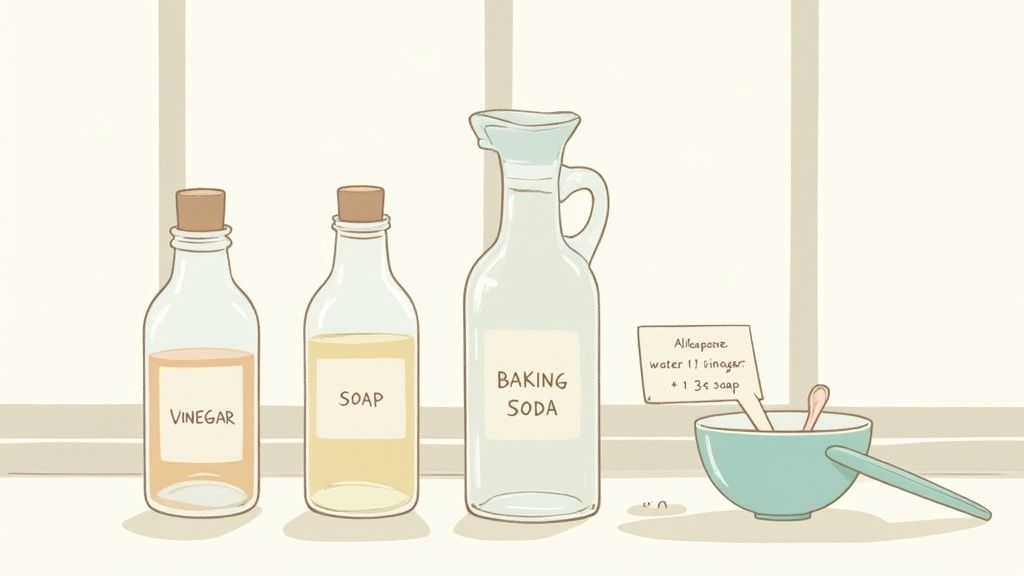 Bottles of vinegar, soap, and baking soda for natural cleaning recipes.