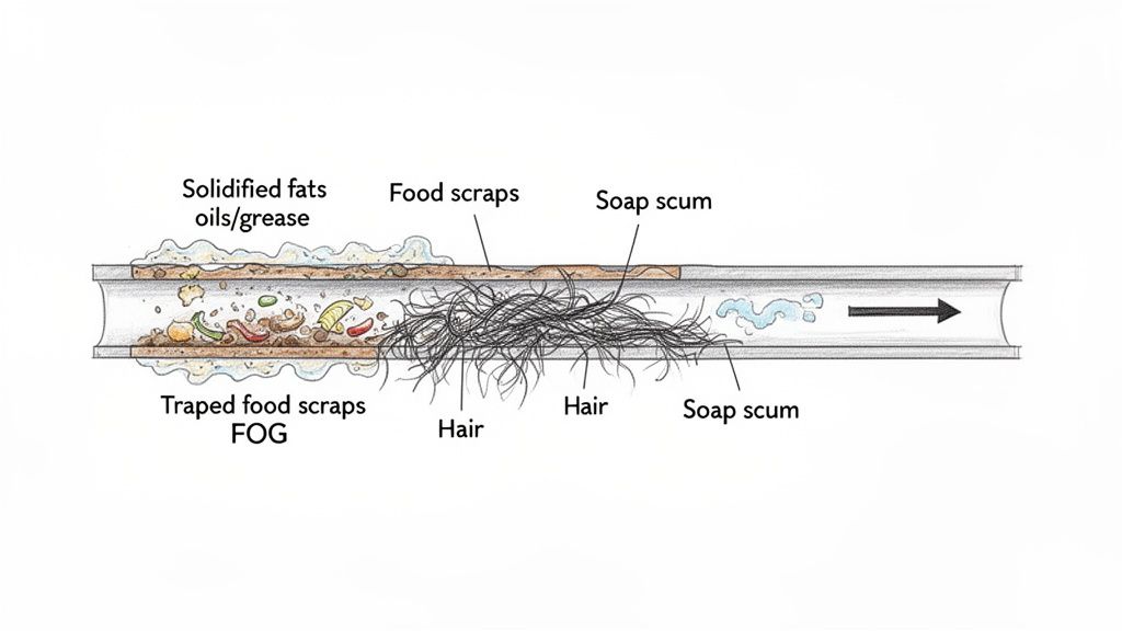 An illustration showing a pipe clogged with solidified fats, food scraps, hair, and soap scum.