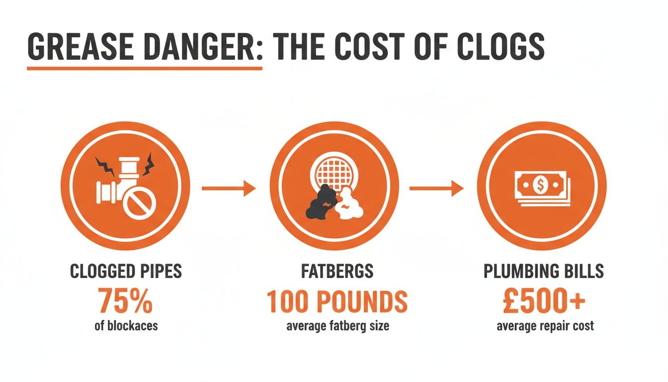 Infographic illustrating the progression from clogged pipes to fatbergs and the resulting high plumbing bills, caused by grease.