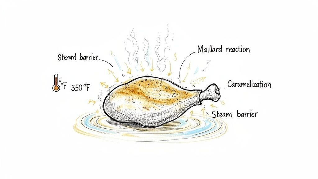 Diagram illustrating the cooking process of a chicken drumstick, showing Maillard reaction, caramelization, steam barrier, and 350°F temperature.